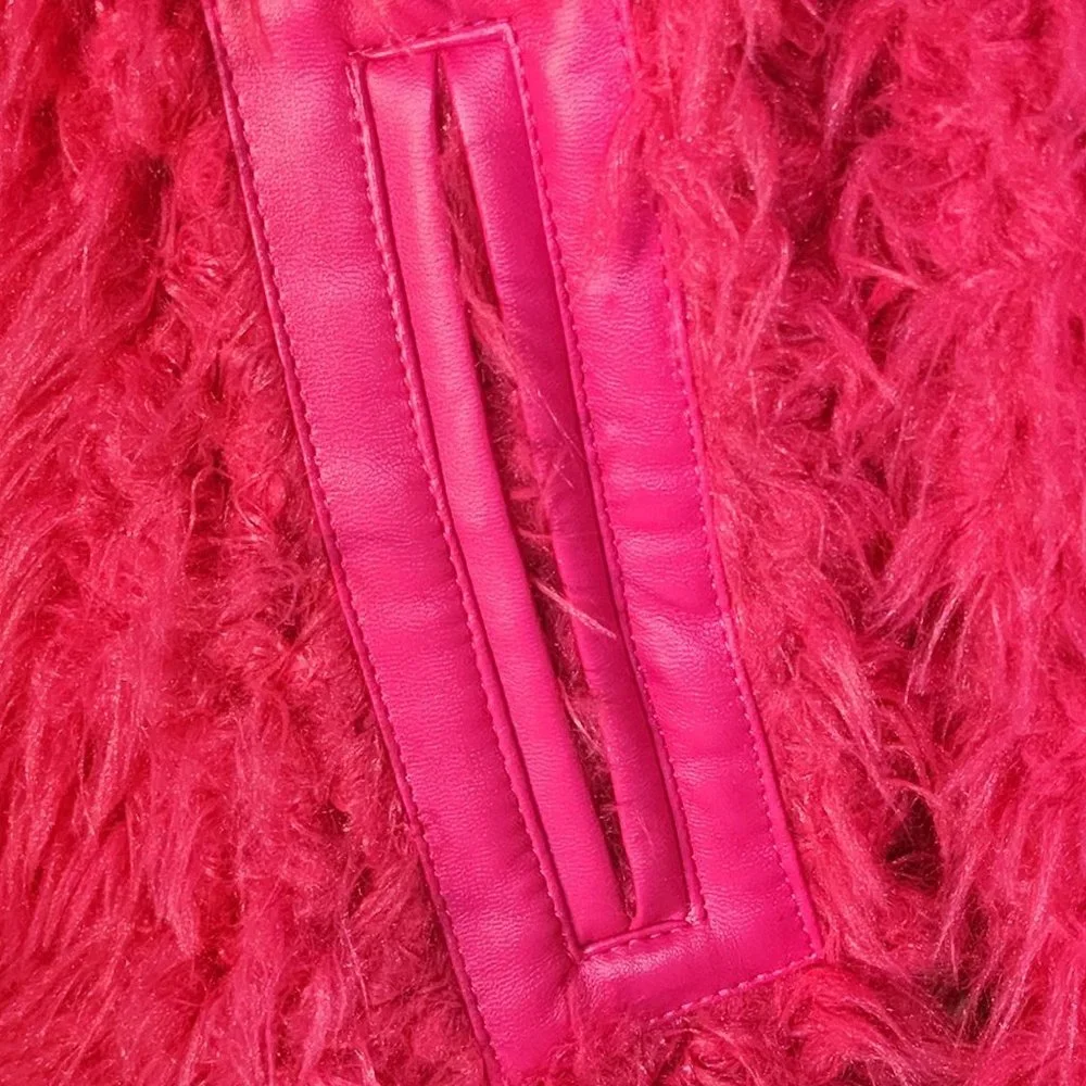 Girls Large Hot Pink Fuzzy Hooded Zip Up Jacket‎ Cheetah Lining